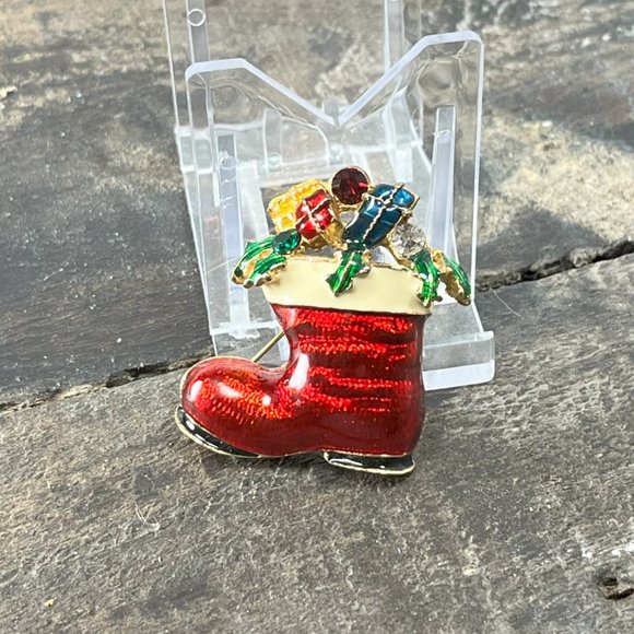 Vintage Jeweled Enamel Christmas Stocking Boot Gold tone Holiday Christmas - Picture 5 of 12